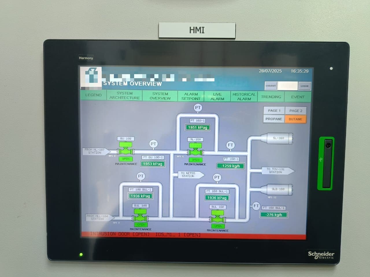 Schneider Harmony HMI running a block valve station overview